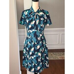 Banana Republic Leaf Print Dress w/Twist Neckline Navy Blue/Teal/Cream Sz 4